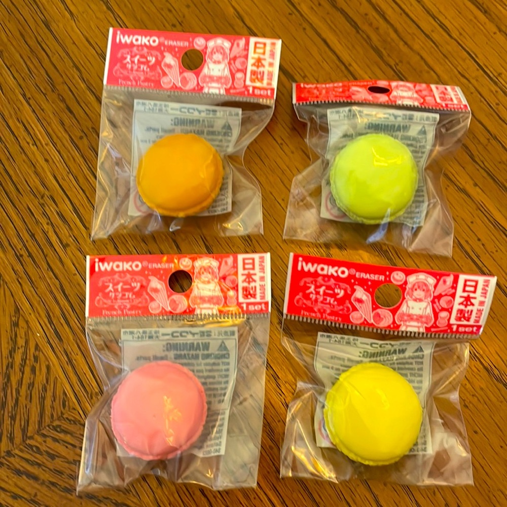 Iwako Mini Macaroon Erasers Pink Yellow Orange Green Macaron Set of four/Lot 4